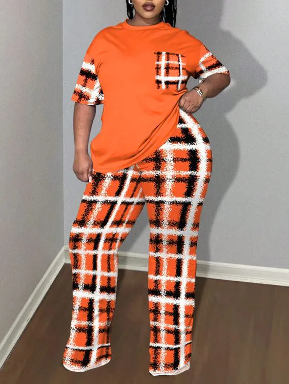 Stylish Round Neck T-Shirt and Printed Trousers Plus Size Two-Piece Set with Trendy Pocket Detail