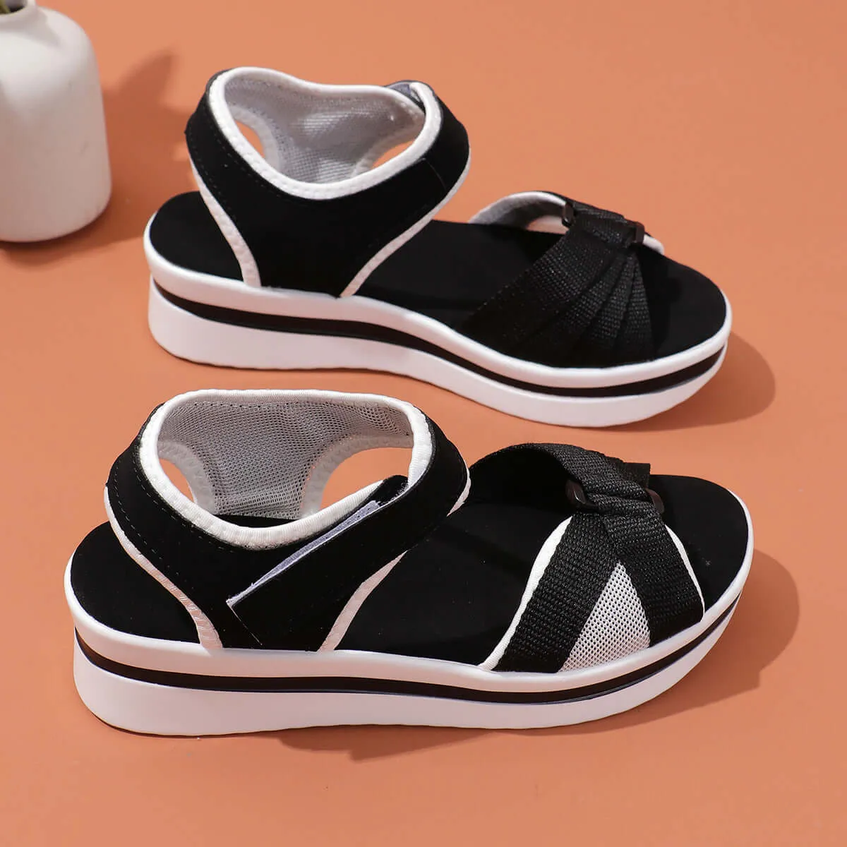 Summer Mesh Cross-strap Sandals With Velcro-design Thick Sole Flats Beach Shoes Women
