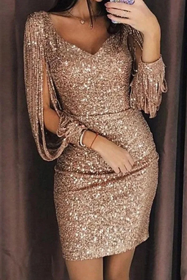 Tassels Detail Slit Sleeve Sequin Party Dress