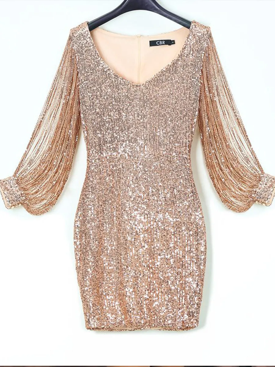 Tassels Detail Slit Sleeve Sequin Party Dress