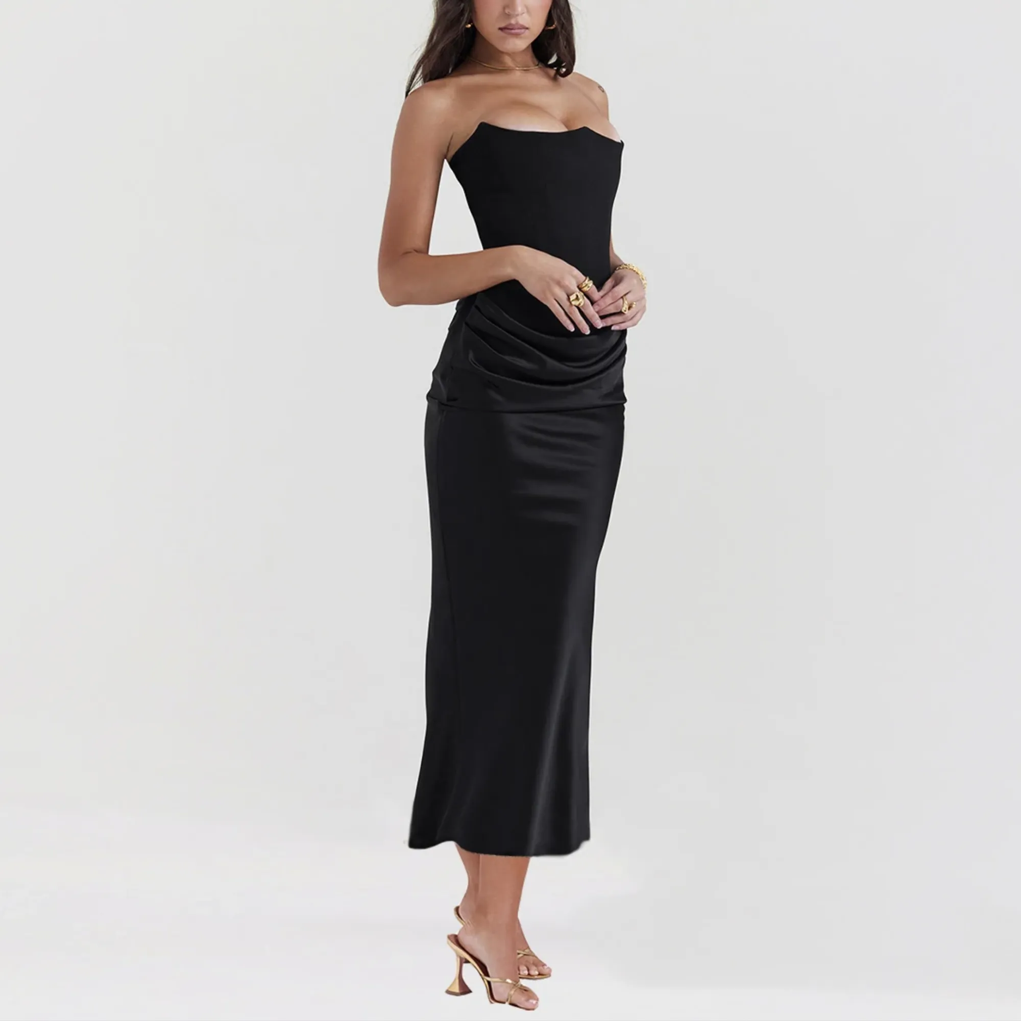 Viviana - Black Strapless Faux Suede Corset & Satin Dress