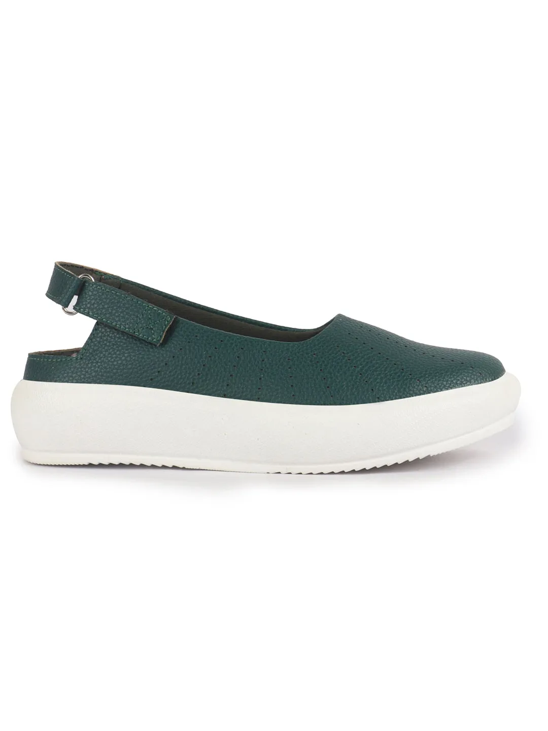 Women Green Breathable Lazer Cut Design With Backstrap Height Enhancer Hook And Loop Slip On Shoes | Slingback Casual Platform Sandals| Cusioned Insole