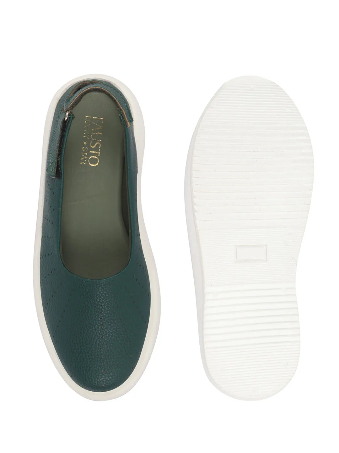 Women Green Breathable Lazer Cut Design With Backstrap Height Enhancer Hook And Loop Slip On Shoes | Slingback Casual Platform Sandals| Cusioned Insole
