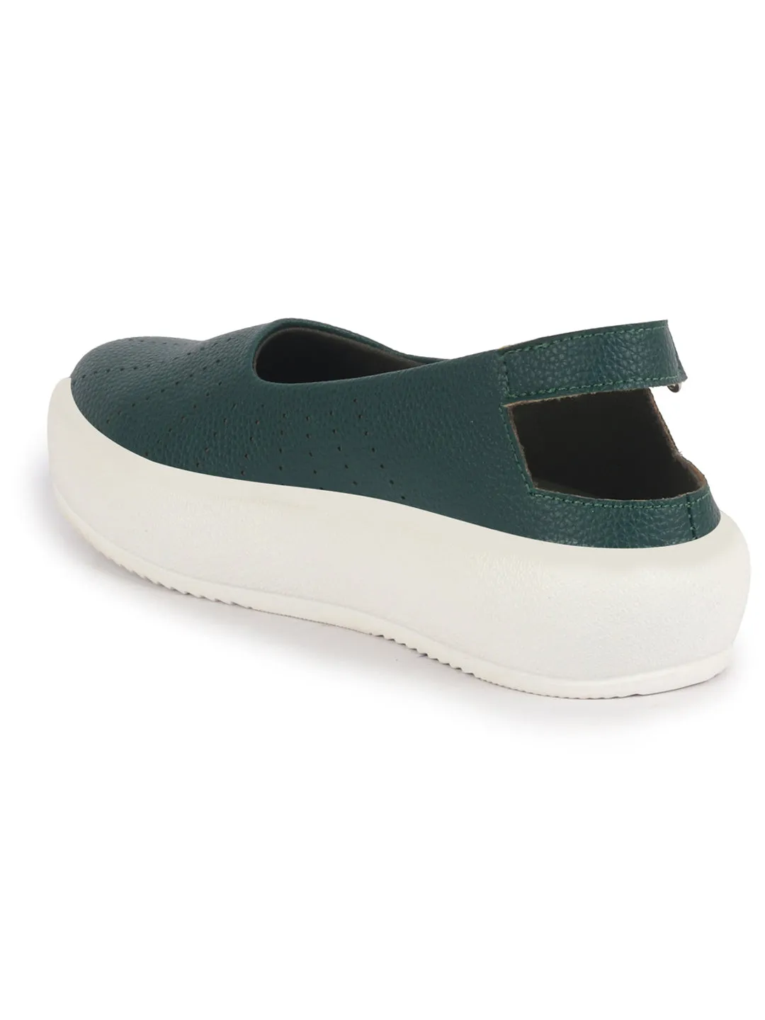Women Green Breathable Lazer Cut Design With Backstrap Height Enhancer Hook And Loop Slip On Shoes | Slingback Casual Platform Sandals| Cusioned Insole