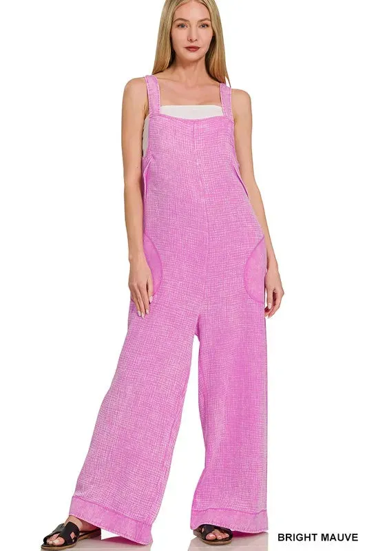 Zenana Double Gauze Washed Wide Leg Overalls