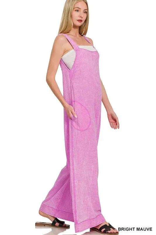 Zenana Double Gauze Washed Wide Leg Overalls